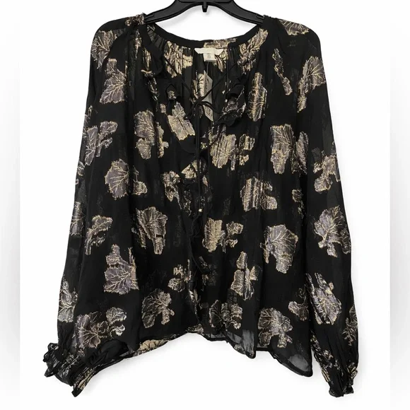 H&M Blouse black sheer gold metallic print size L - Picture 3 of 7